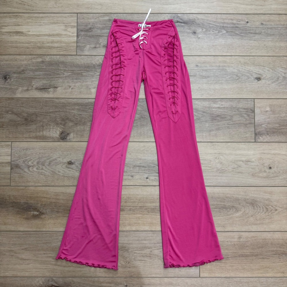 I.AM.GIA Pink Lace Up Flare Pants XXS Y2K Festival High Rise Lettuce Hem